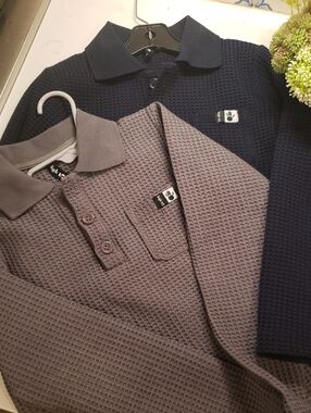 Kids Long Sleeve Waffle Polo Top - Navy and Gray